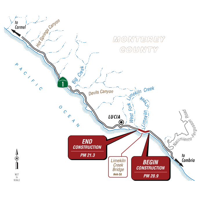 Map of project area showing begin construction at PM 20.9 and end construction at PM 21.3