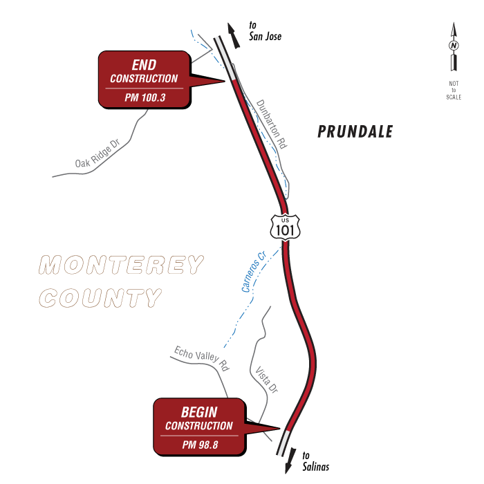 Map of project area showing begin construction at PM 98.8 and end construction at PM 100.3