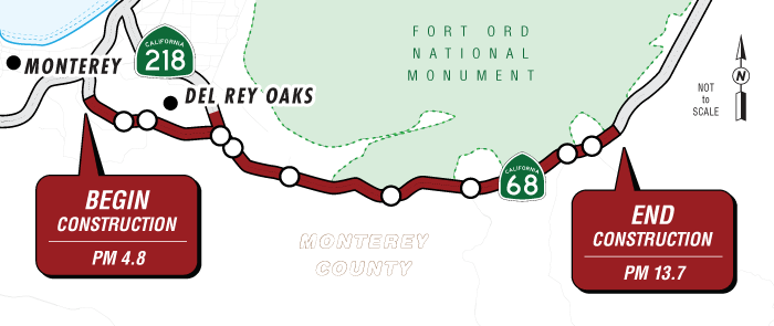 Map of project area showing begin construction at PM 4.8 and end construction at PM 13.7