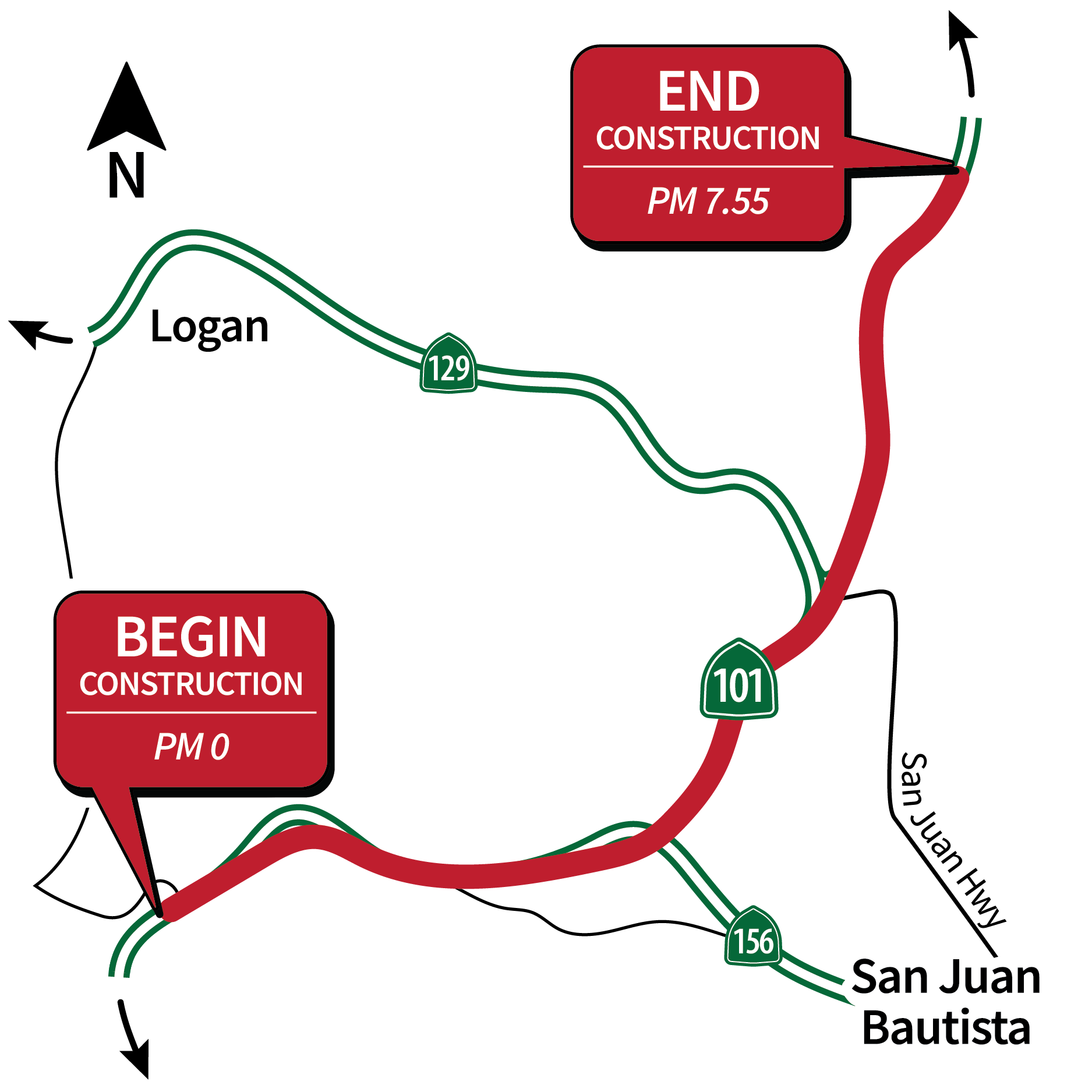 Map of project area showing begin construction at PM 0 and end construction at PM 7.55 in San Benito County
