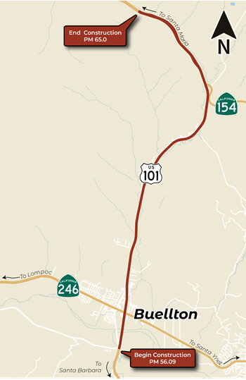 Map showing begin construction on US 101 at PM 56.09 and end construction PM 65.0