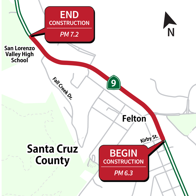 Map featuring a section of highway 9 in Santa Cruz County in Felton.