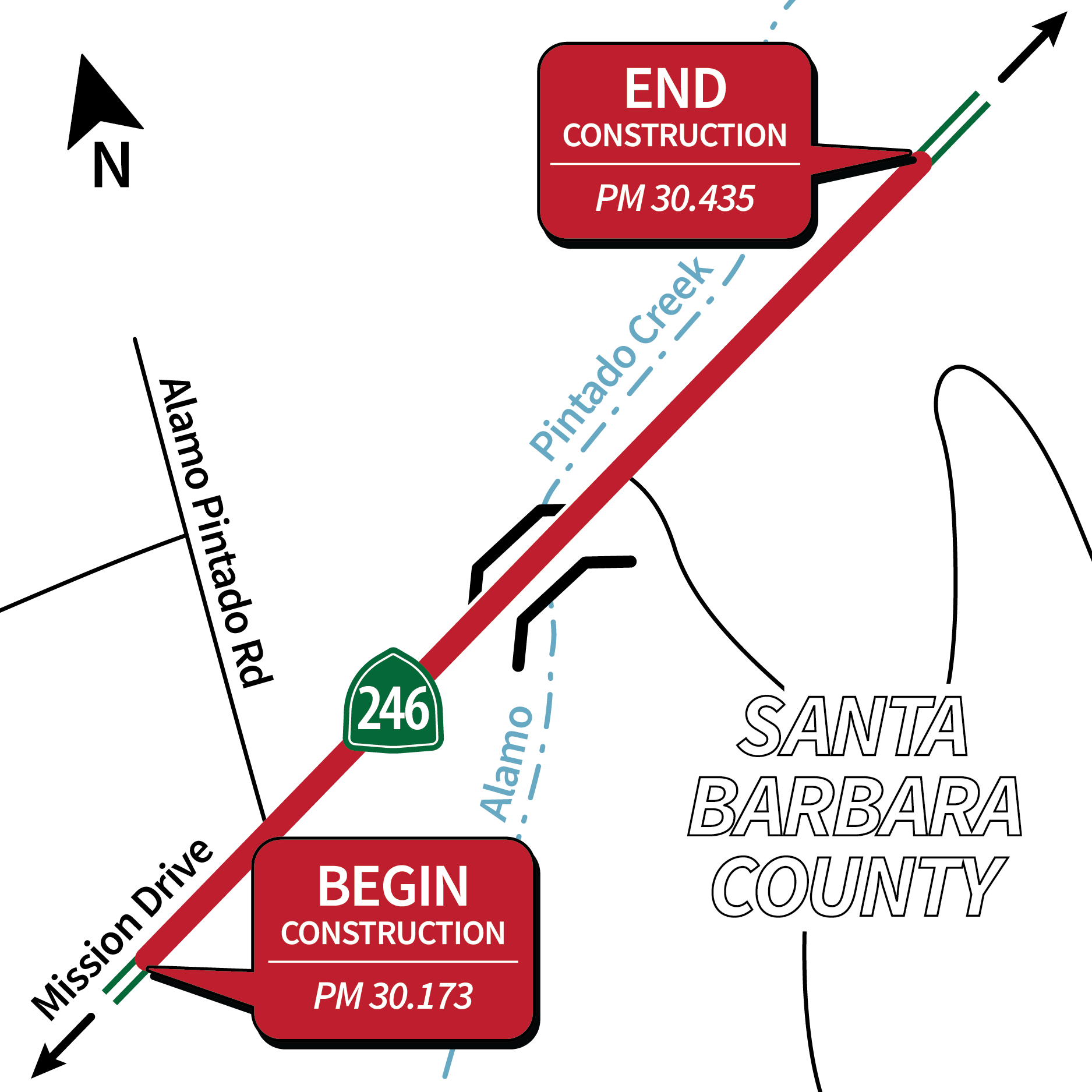 Map of project location showing begin construction at PM 30.23 and end construction at PM 30.49 on State Route 246 in Santa Barbara County
