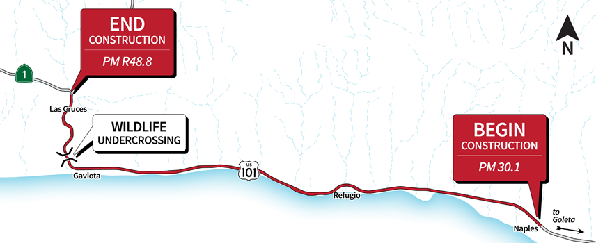 Map showing begin construction at PM 30.1 and end construction at PM R48.8 along highway 101 in Gaviota. Map also shows where wildlife undercrossing is located.