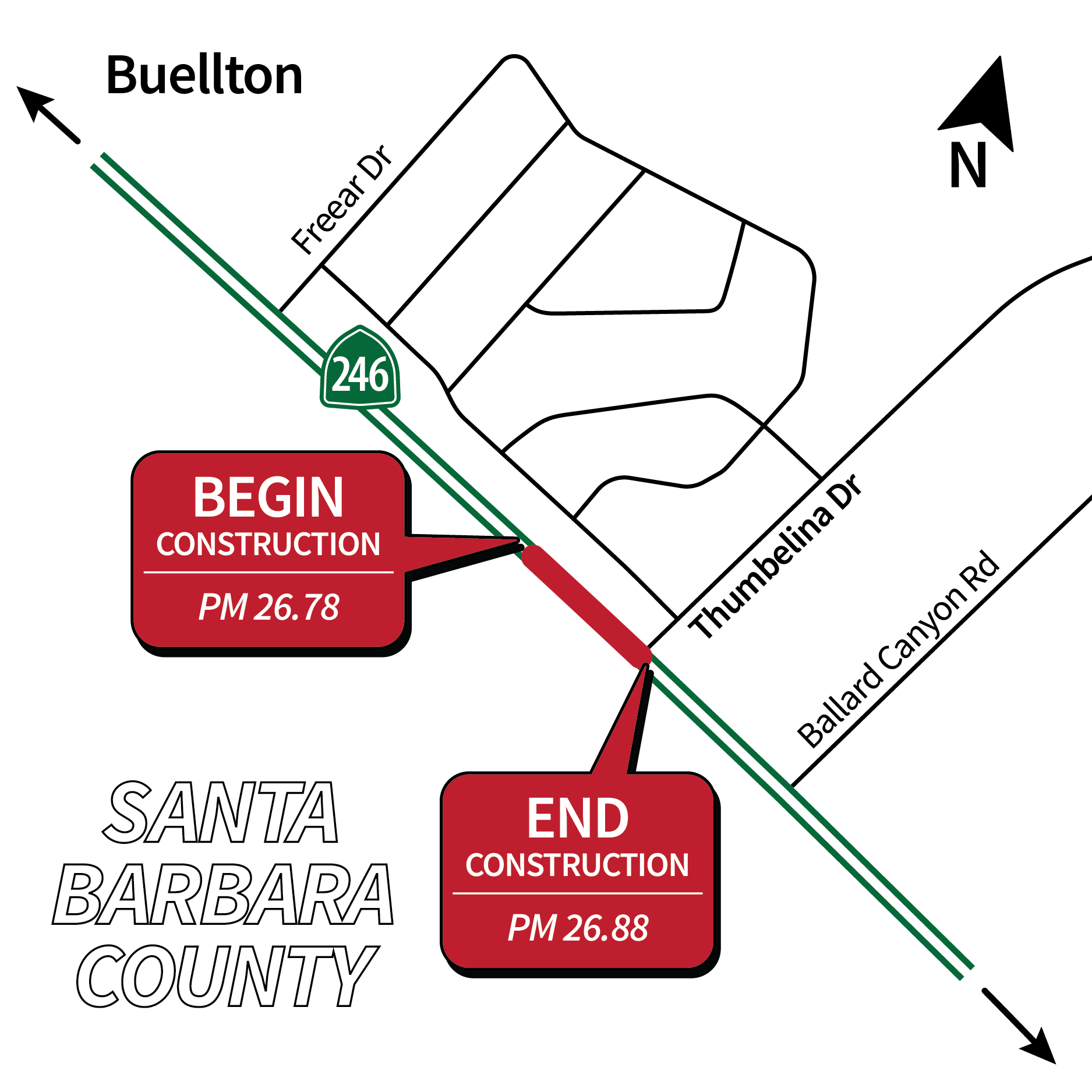Project area map showing begin construction at PM 26.78 and end construction at PM 26.88 in the city of Buellton