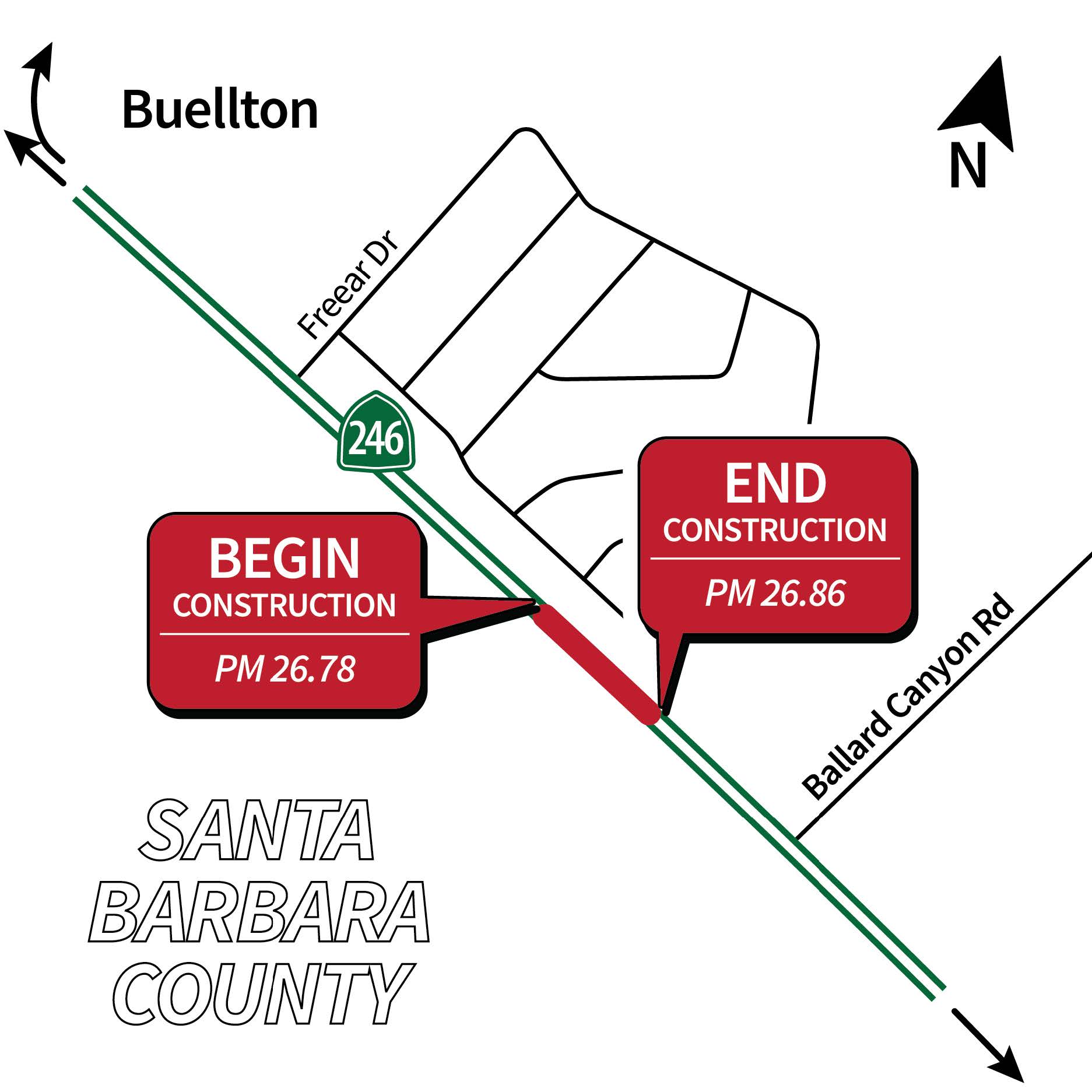 Project area map showing begin construction at PM 26.78 and end construction at PM 26.86 in the city of Buellton