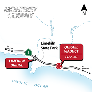 Map showing Quigil Viaduct and Limeklin Bridge on highway 1