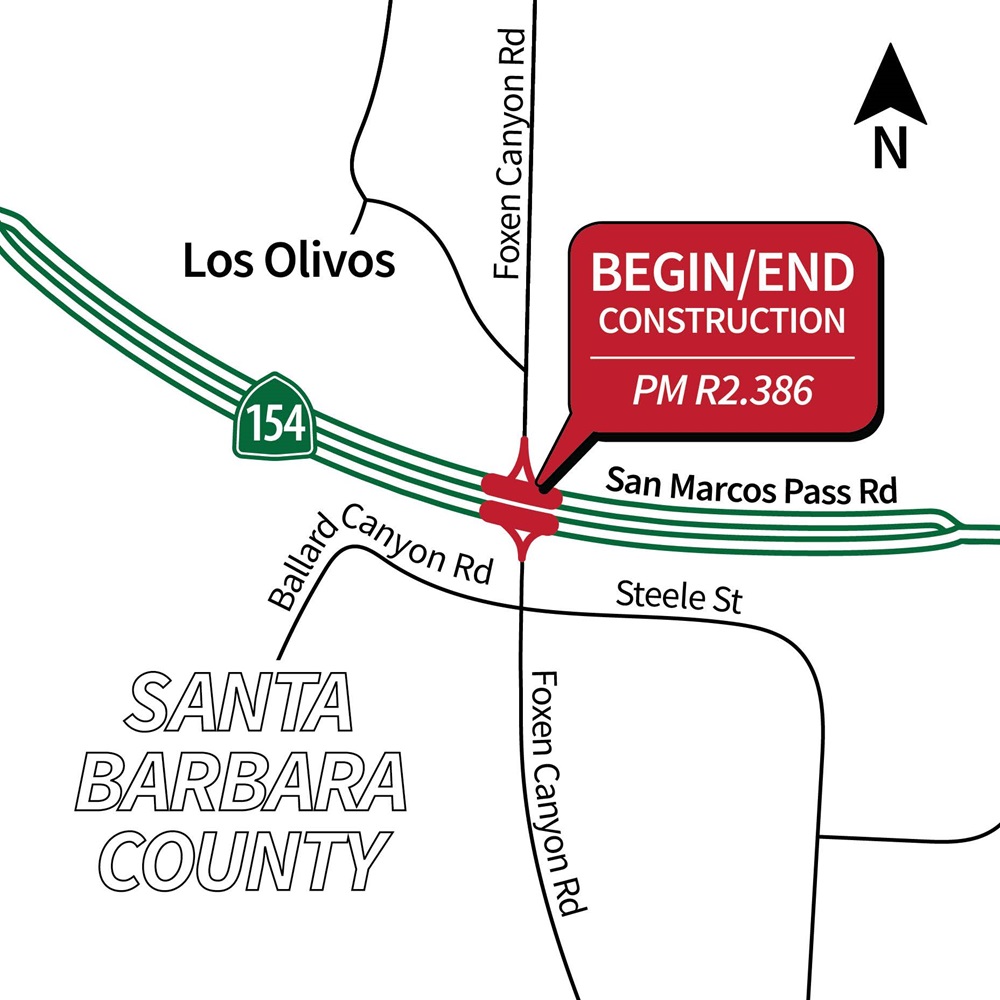 Area map of project showing construction at PM R2.386 on SR 154 in Santa Barbara County