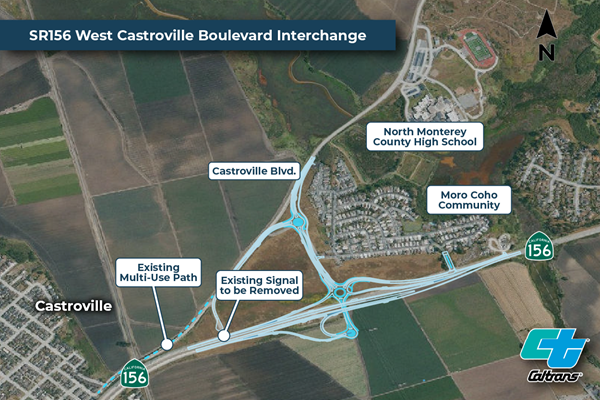 Aerial map showing changes to intersection of Castroville Blvd and Highway 156. Changes include an overpass above highway 156 and related roundabouts