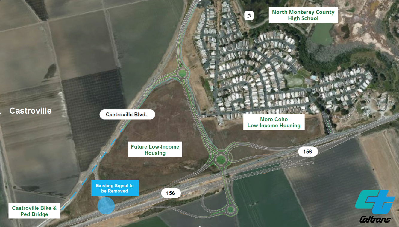 Aerial image showing Castroville and the 156 / Castroville Blvd. interchange. The existing signal to be removed is highlighted in blue.