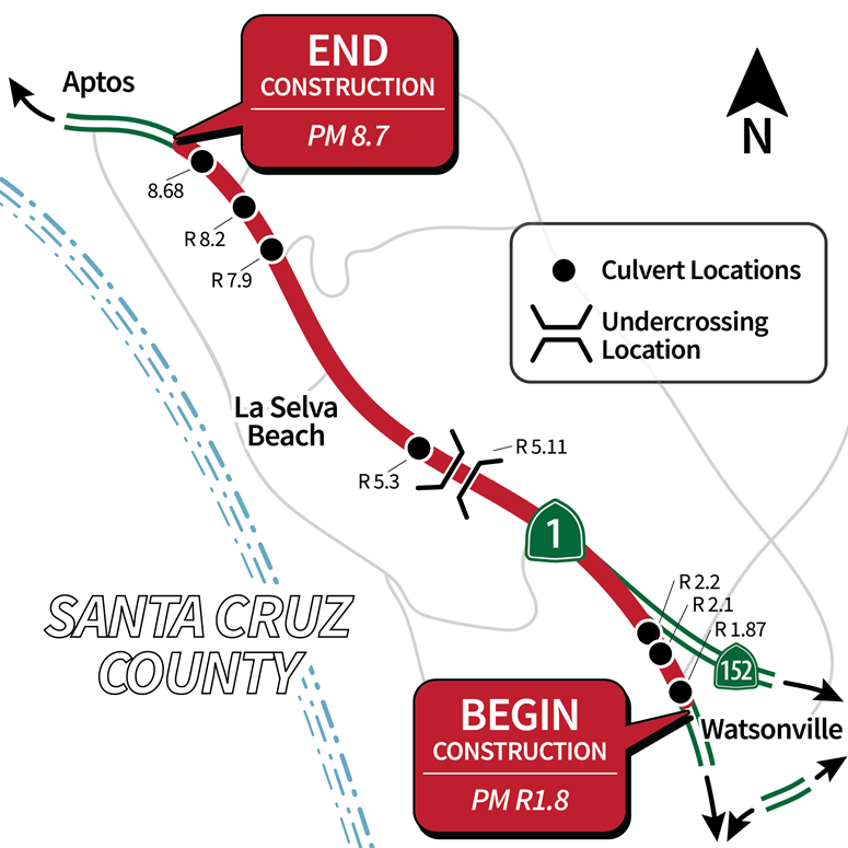Map showing begin construction at PM R1.8 and end construction at PM 8.7