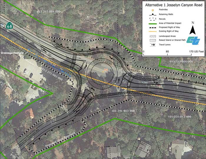 Aerial map showing proposed Alternative 1 roundabout design at State Route 68/Josselyn Canyon Road intersection.