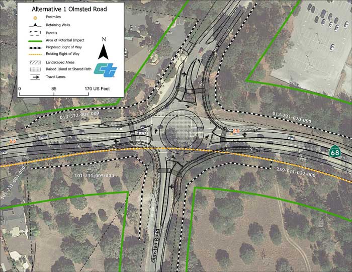 Aerial map showing proposed Alternative 1 roundabout design at State Route 68/Olmsted Road.
