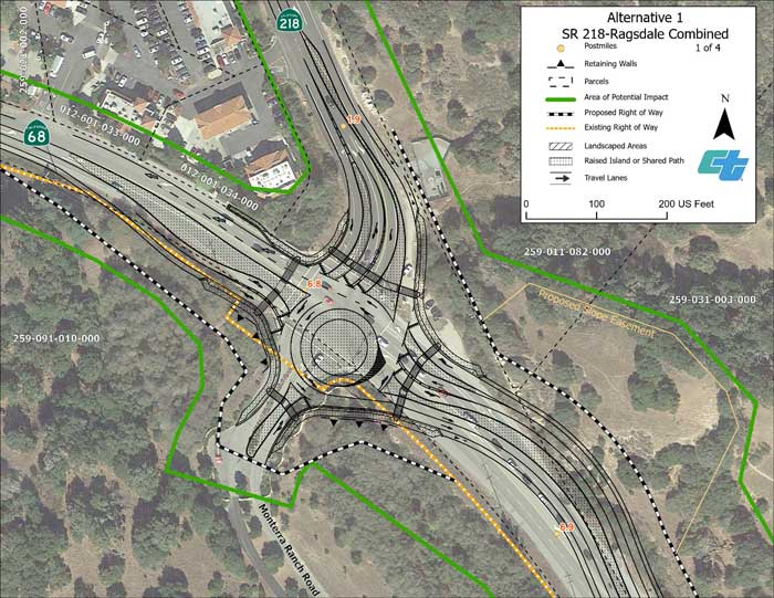 Aerial map showing proposed design for Alternative 1 roundabout at State Route 68/State Route 218-Ragsdale Drive intersections (1 of 4 sheets).