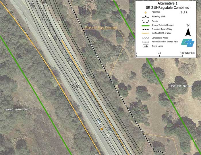 Aerial map showing proposed design for Alternative 1 roundabout at State Route 68/State Route 218-Ragsdale Drive intersections (2 of 4 sheets).