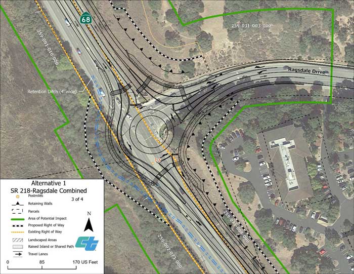 Aerial map showing proposed design for Alternative 1 roundabout at State Route 68/State Route 218-Ragsdale Drive intersections (3 of 4 sheets).