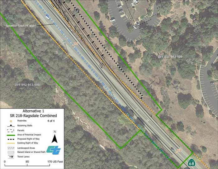 Aerial map showing proposed design for Alternative 1 roundabout at State Route 68/State Route 218-Ragsdale Drive intersections (4 of 4 sheets).