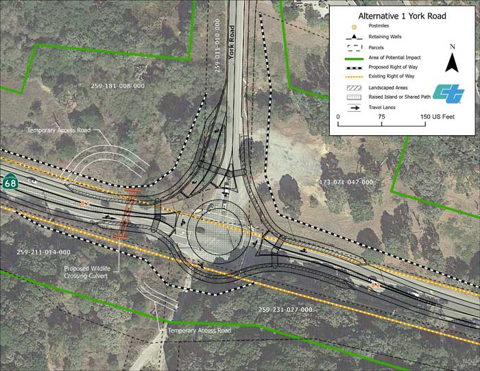 Aerial map showing proposed design for Alternative 1 roundabout at State Route 68/York Road intersection.