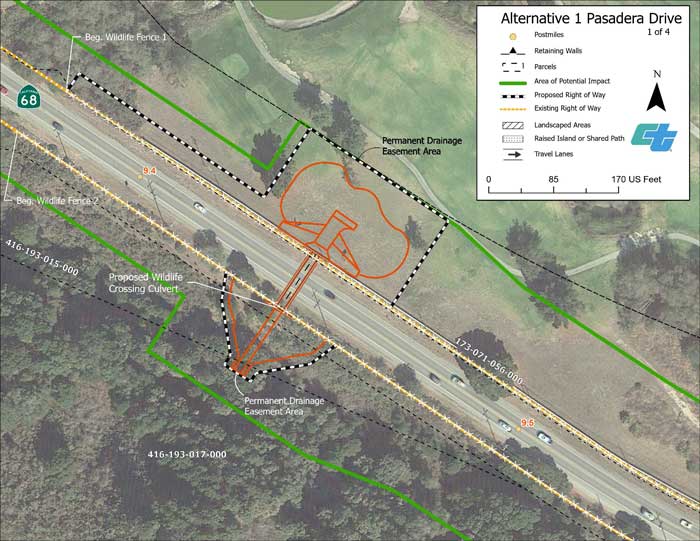 Aerial map showing proposed design for Alternative 1 roundabout at State Route 68/Pasadera Drive intersection (1 of 4 sheets).