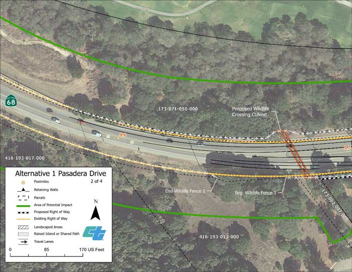 Aerial map showing proposed design for Alternative 1 roundabout at State Route 68/Pasadera Drive intersection (2 of 4 sheets).