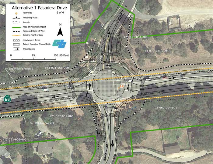 Aerial map showing proposed design for Alternative 1 roundabout at State Route 68/Pasadera Drive intersection (3 of 4 sheets).