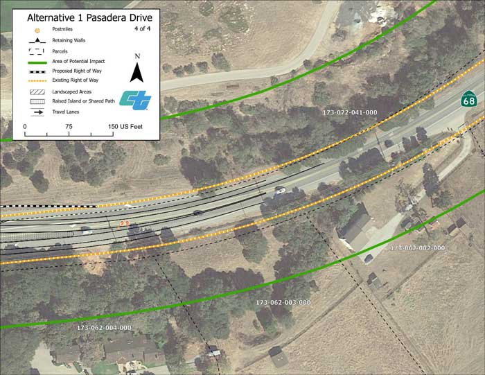 Aerial map showing proposed design for Alternative 1 roundabout at State Route 68/Pasadera Drive intersection (4 of 4 sheets).