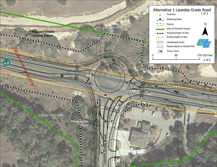 Aerial map showing proposed design for Alternative 1 roundabout at State Route 68/Laureles Grade Road intersection (1 of 2 sheets).