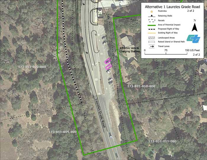 Aerial map showing proposed design for Alternative 1 roundabout at State Route 68/Laureles Grade Road intersection (2 of 2 sheets).