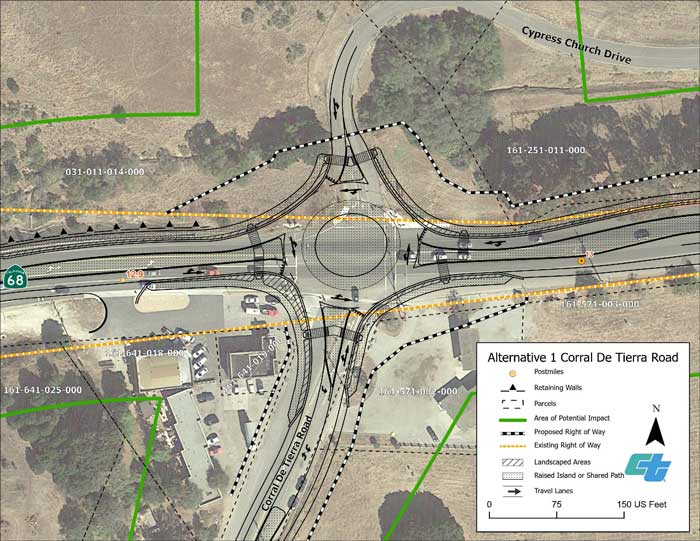 Aerial map showing proposed design for Alternative 1 roundabout at State Route 68/Corral de Tierra Road intersection.