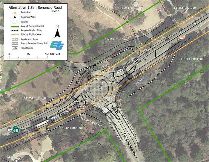 Aerial map showing proposed design for Alternative 1 roundabout at State Route 68/San Benancio Road intersection (2 of 2 sheets).