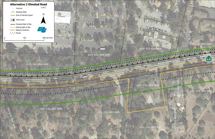 Aerial map showing proposed design for Alternative 2 Signalized Intersections at State Route 68/Olmsted Road (1 of 2 sheets).