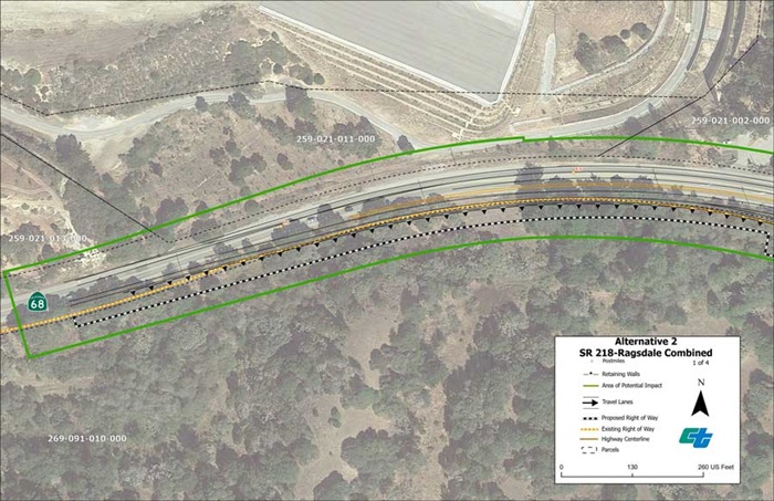 Aerial map showing proposed design for Alternative 2 Signalized Intersections at State Route 68/State Route 218 and State Route 68/Ragsdale Drive intersections  (1 of 4 sheets).