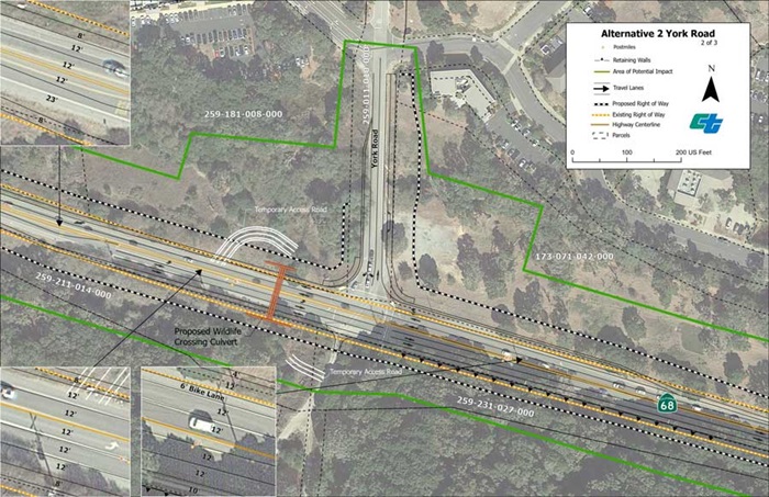 Aerial map showing proposed design for Alternative 2 Signalized Intersections at State Route 68/York Road intersection  (2 of 3 sheets).