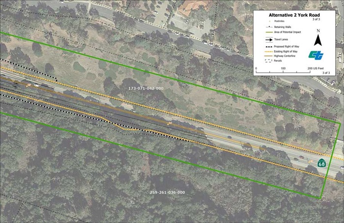 Aerial map showing proposed design for Alternative 2 Signalized Intersections at State Route 68/York Road intersection  (2 of 3 sheets).