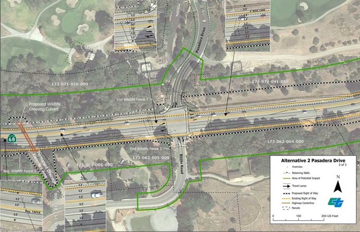 Aerial map showing proposed design for Alternative 2 Signalized Intersections at State Route 68/Pasadera Drive intersection  (2 of 3 sheets).