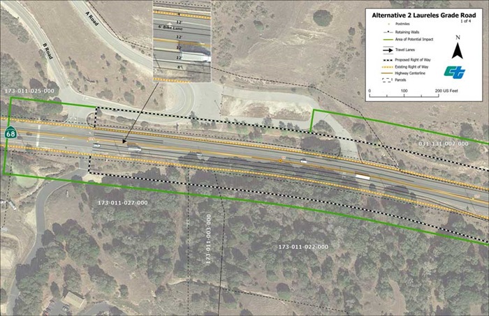 Aerial map showing proposed design for Alternative 2 Signalized Intersections at State Route 68/Laureles Grade Road intersection  (1 of 4 sheets).
