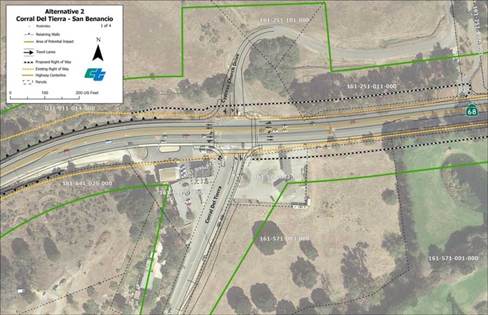 Aerial map showing proposed design for Alternative 2 Signalized Intersections at State Route 68/Corral de Tierra Road and State Route 68/San Benancio Road  intersections  (1 of 4 sheets).