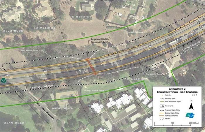 Aerial map showing proposed design for Alternative 2 Signalized Intersections at State Route 68/Corral de Tierra Road and State Route 68/San Benancio Road  intersections  (2 of 4 sheets).