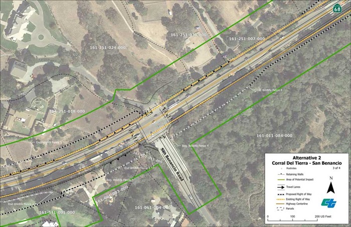 Aerial map showing proposed design for Alternative 2 Signalized Intersections at State Route 68/Corral de Tierra Road and State Route 68/San Benancio Road  intersections  (3 of 4 sheets).