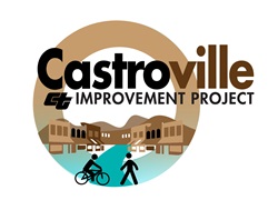 castroville improvement project logo showing buildings with pedestrians crossing the street on foot and by bike