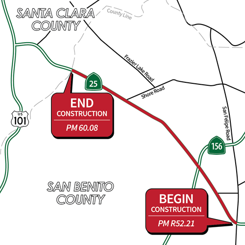 Map showing project location in San Benito County with begin construction at PM R52.21 and end construction at PM 60.08