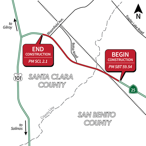 Map showing begin construction at PM SBT 59.54 and end construction at PM SCL 2.1