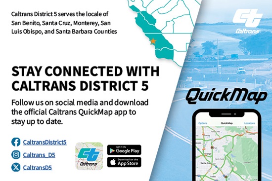 Image showing district 5 counties along with links to district 5 social media, and Caltrans QuickMap app