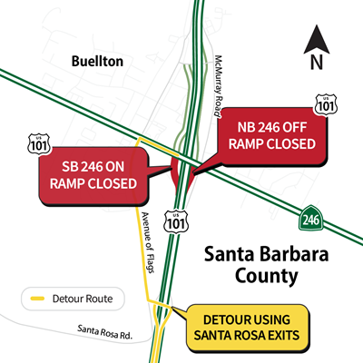 map depicting intersection of 101 and 246 highways with ramp closures.