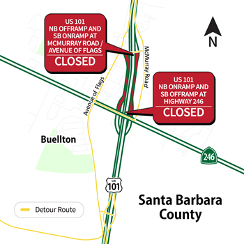 Map showing US 101 ramp closures and detour routes.