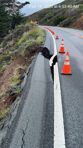 Photo showing crack of embankment edge of southbound Highway 1 just north of Point Sur Lighthouse, post mile 54.9