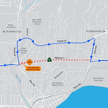 Map showing southbound closure detour using Soquel Drive.