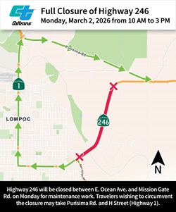 Map showing Highway 246 closed between E. Ocean Ave. and Mission Gate Rd. in Lompoc and the detour route of Highway 1 (Purisima Rd. and H Street)