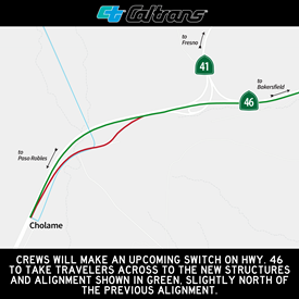 Map showing new alignment on Highway 46 that is slightly north of the previous alignment