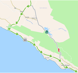 Map showing delays near Painted Cave State Park along Highway 154 and US 101 as alternate route.